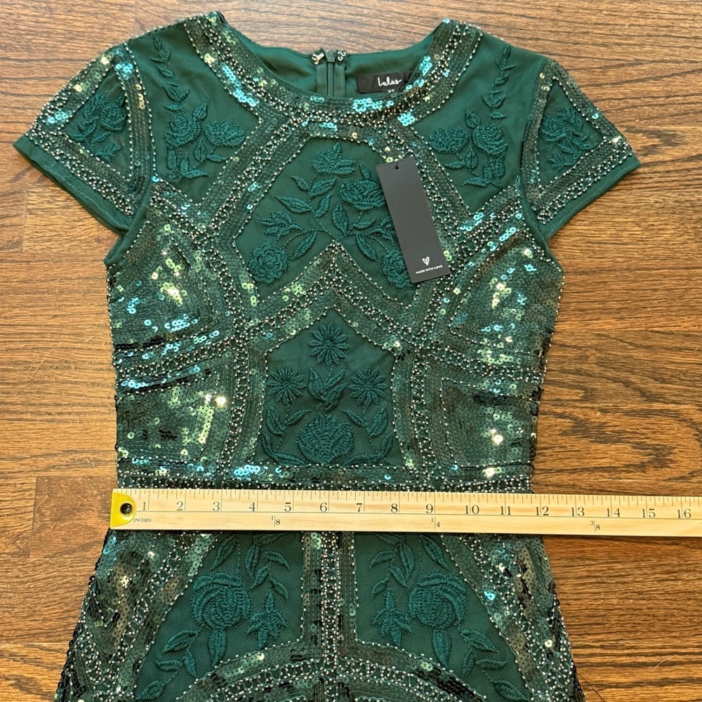 NWT Lulus Spread Your Shine Emerald Green Sequin Embroidered Bodycon Dress - Picture 8 of 10